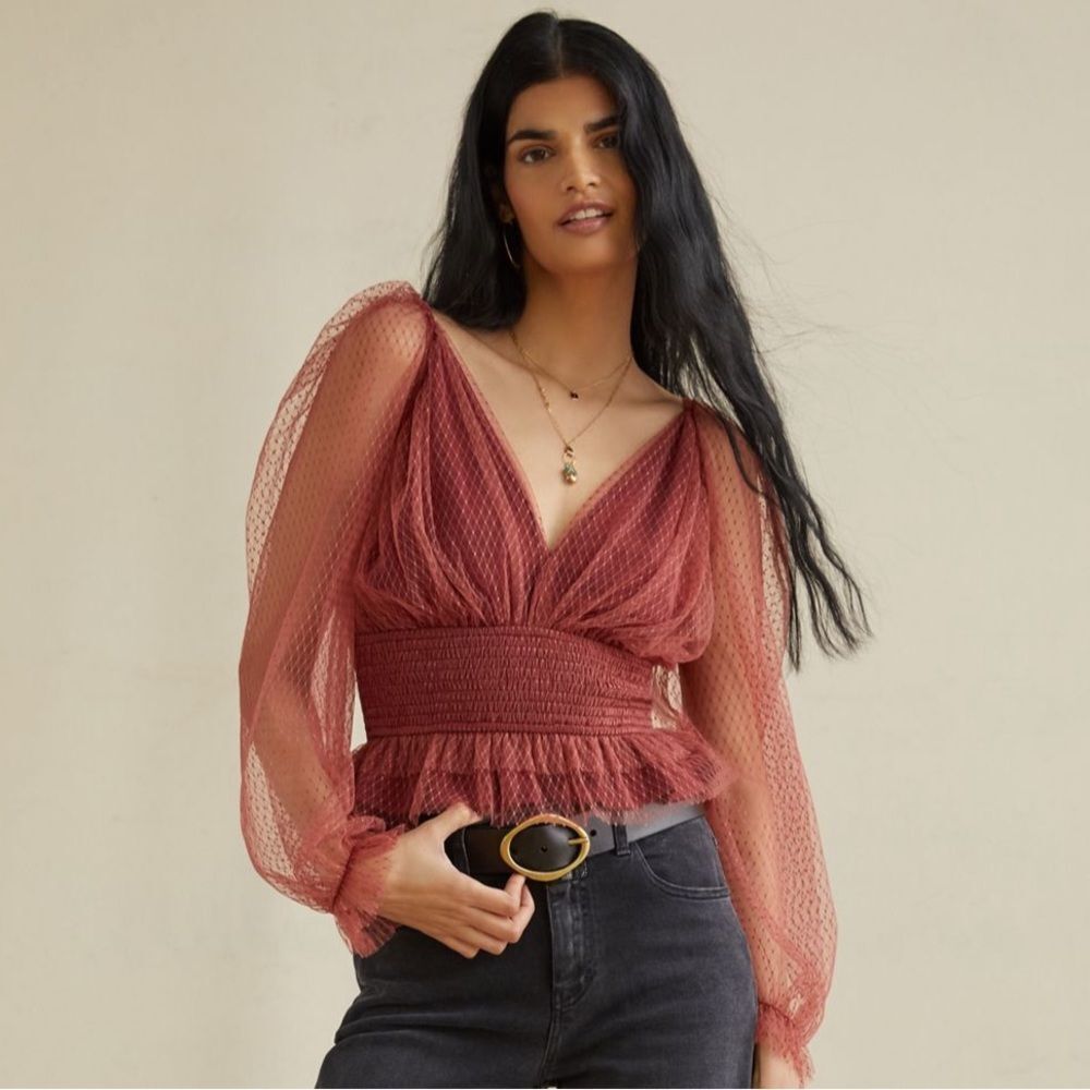 NWOT ANTHROPOLOGIE Tulle Blouse Wine Women’s Size XS